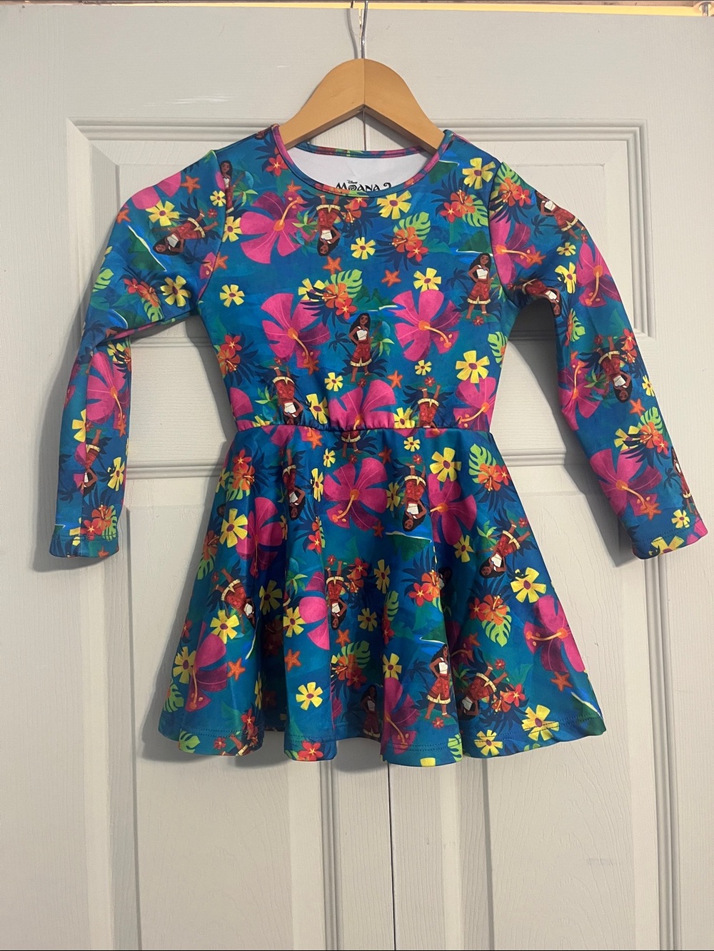 Disney Girls' Teal Floral Moana Print Long-Sleeve Dress
